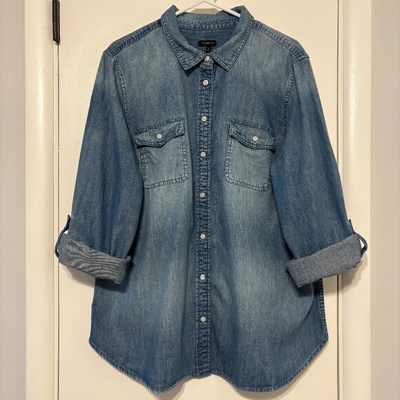 Talbots Women's Classic Blue Chambray Denim Button-Front Tab-Sleeve Shirt Top XL - Picture 2 of 11